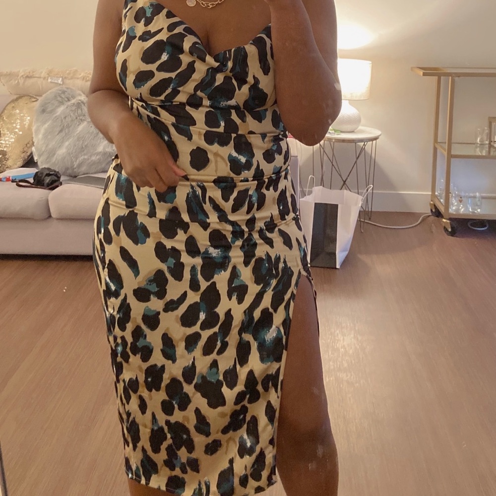 NWT PLT Tan Satin Leopard Print Cowl Midi Dress